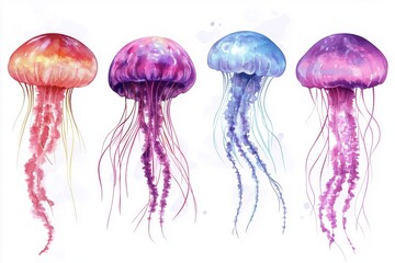 Watercolor jellyfish set in modern bright colors isolated on white background underwater vivid illustration in large size Design element in magic style, purple blue violet glow pink fluid colorful