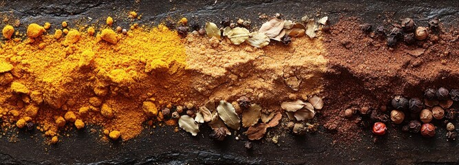 Obraz premium Vibrant display of ground and whole spices on a textured stone surface