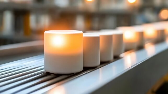 Lit Cylindrical Objects Moving Along a Metal Assembly Line