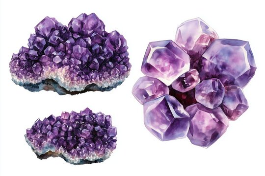 Watercolor purple crystal amethyst cluster hand drawn painting illustration isolated on white background tanzanit gem stones for design fashion advertising, geological logo, scrapbook, jewelry store