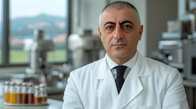 Italian farmer in natural fabric clothing standing in summer field with local lands