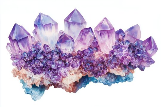 Watercolor purple crystal amethyst cluster hand drawn painting illustration isolated on white background tanzanit gem stones for design fashion advertising, geological logo, scrapbook, jewelry store