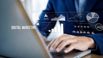 Global Business Network: Data Analytics, Digital Marketing, Social Networking, Technology, and Customer Insights. A businessman uses a digital tablet 