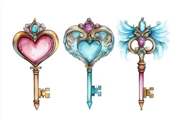 Watercolor set of fairy keys. Three fantasy heart-shaped keys with wings and precious stones. Can be used for design, book illustrations or as a decor element