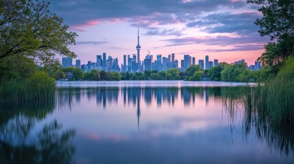 Obraz premium City Skyline Reflected in Calm Water at Sunset