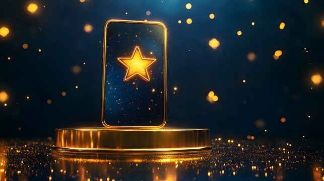 Golden Star Award Ceremony: A gleaming golden star shines within a framed outline on a pedestal, set against a backdrop of ethereal shimmering lights. This visual metaphor captures achievement.