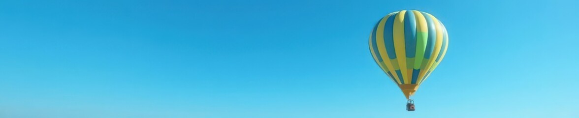 Fototapeta premium Vibrant hot air balloon floats in clear blue sky, elevation, sunrise, colorful