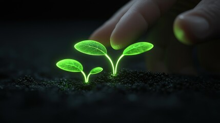 Naklejka premium A glowing green plant is being touched by a human hand
