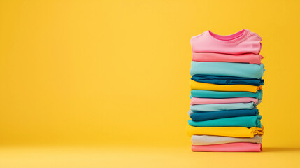a tall stack of colorful folded t-shirts arranged neatly against a vibrant yellow background with copy space
