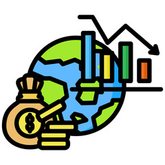 Economic Crisis icon in Flat Color Style With Outline. Simple Vector Design. Simple Vector Flat Icon