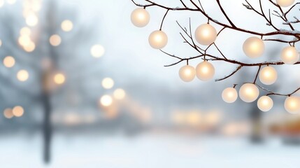 Winter scene with illuminated spheres hanging from bare branches in focus