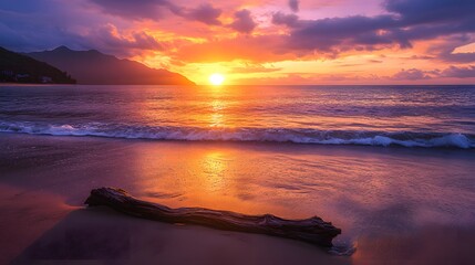 Sunset Serenity: A breathtaking sunset paints the sky with vibrant hues of orange, purple, and gold, casting a warm glow over a tranquil beach, creating a sense of peace. 