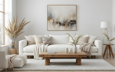 Fototapeta premium .A serene, minimalist living room with a plush, white sofa adorned with neutral cushions and a cozy blanket. A wooden coffee table, abstract wall art, and elegant decor complete the tranquil ambiance.