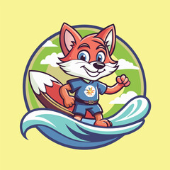Cartoon Surfing Fox Mascot Vector Logo Character Illustration