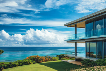 Fototapeta premium There is a view of the ocean from a beach house