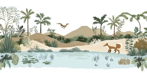 Obraz premium An illustrated landscape depicts a fox and a prehistoric bird