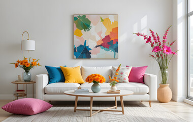 Minimalist living room with a cozy white sofa, colorful throw pillows, and bold flower arrangements. Abstract wall art and vibrant decor create a playful yet modern aesthetic.