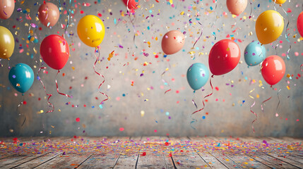 Colorful balloons and confetti falling onto wooden floor, creating a festive and celebratory scene, ideal for party or birthday themes