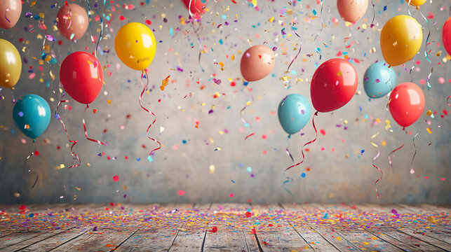 Colorful balloons and confetti falling onto wooden floor, creating a festive and celebratory scene, ideal for party or birthday themes