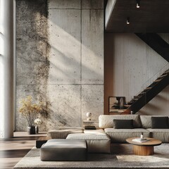 Modern living room featuring concrete walls and comfortable furniture