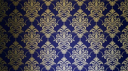 Elegant Damask Wallpaper Gold Floral Pattern on Dark Blue