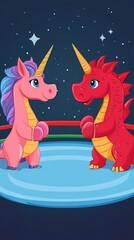 A pink unicorn faces a red dragon inside a boxing ring