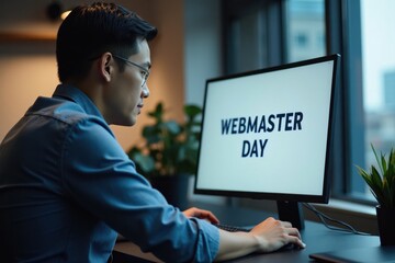 A focused Asian man is working on a computer with "Webmaster Day" on the screen. The background features a sleek office with minimalistic decor and a city view