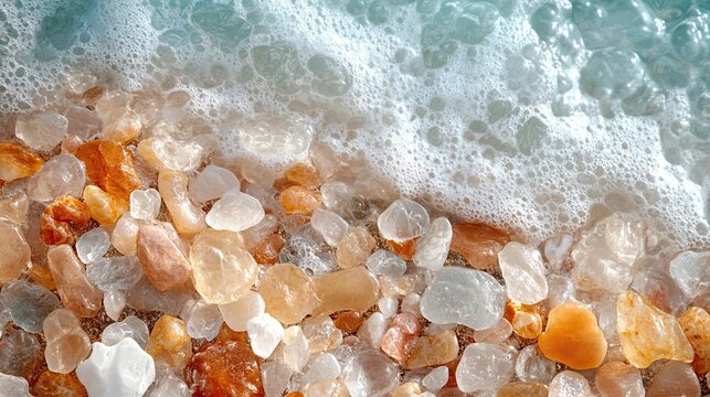 Top view of a pebble beach meeting gentle ocean waves, capturing the serenity and peaceful nature of coastal landscapes, perfect for summer vacations, relaxation, or nature-inspired imagery.