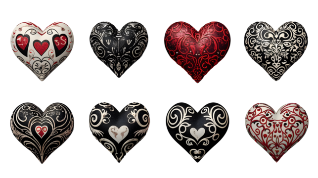 Assorted heart designs collection featuring intricate patterns and symbols of love on white background. PNG