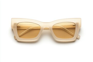 Beige square-framed sunglasses with golden lenses isolated on white background