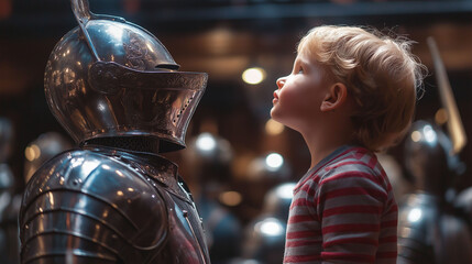 A knight’s armor on display in a museum, with a young child looking up in awe at the shining metal suit, museum ambient lighting