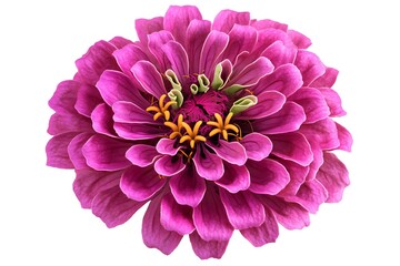 Magenta zinnia flower with symmetrical petal formation, floating over a solid white background.