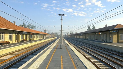 Fototapeta premium Train Station Design Featuring Platforms, Waiting Areas, and Modern Transit Hubs, Perfect for Transportation Projects, Railway Systems, and Urban Mobility Designs in City Planning and Development