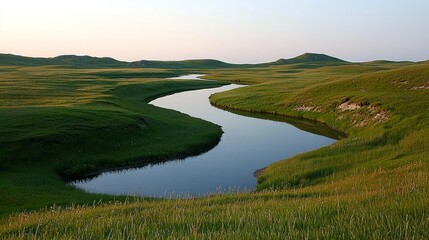 Obraz premium A winding river flowing through a vast green grassy landscape
