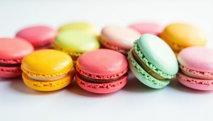Assortment of multicolored macarons; vibrant hues against stark white , sweets, food styling, delicious food