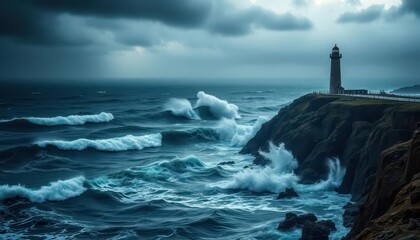 Dark, stormy ocean waves crashing against a rugged coastline, lone lighthouse standing tall, moody, nautical