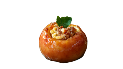 Baked apples with marzipan filling on white background. PNG
