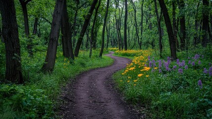 Fototapeta premium Winding trail through a vibrant forest with colorful wildflowers in bloom