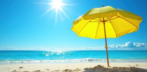 Vibrant yellow beach umbrella, dazzling sun, azure sky, summer, blue, sunny sky