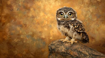 A small owl with large eyes sits on a rock