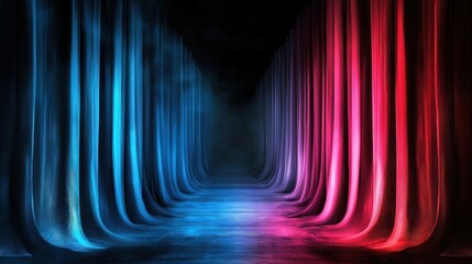 Abstract pathway illuminated by blue and red colored drapes