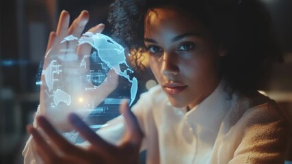 Young female scientist analyzing global data through interactive holographic earth projection, working on innovative technological research in cutting edge laboratory environment - Powered by Adobe