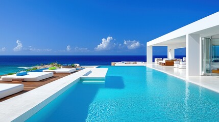 Fototapeta premium Luxurious modern villa overlooking the stunning clear blue ocean and sky