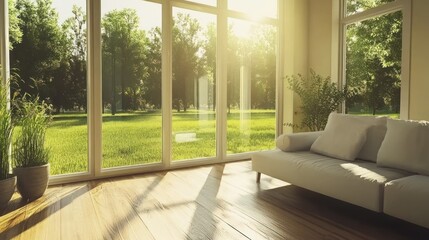 Fototapeta premium An interior room with view of natural green grass and trees