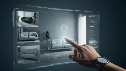 Man using augmented reality app to visualize furniture at home video footage. Virtual interior design technology concept motion picture with person and watch