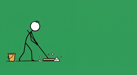 Cleaning Stick Figure with Bucket on Green Background Conveying Readiness for Ramadan Preparations