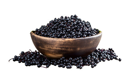 Black elderberries Sambucus nigra in a bowl and some berries on white background. PNG