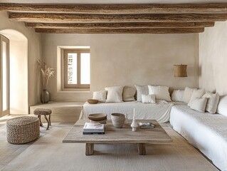 A cozy living room interior with neutral colors and natural elements