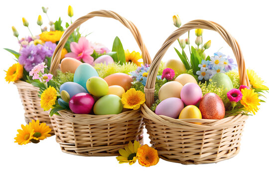 easter basket with eggs and flowers