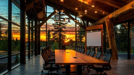 A luxury boardroom faces a beautiful sunset view of nature